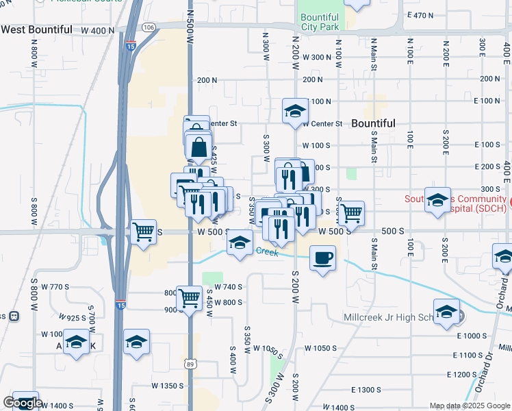 map of restaurants, bars, coffee shops, grocery stores, and more near 367 South 350 West in Bountiful