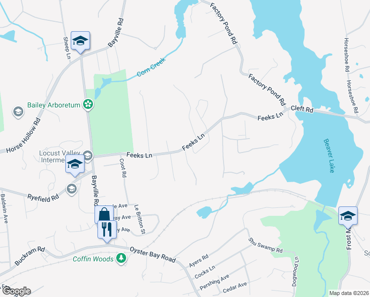 map of restaurants, bars, coffee shops, grocery stores, and more near 100 Feeks Lane in Locust Valley