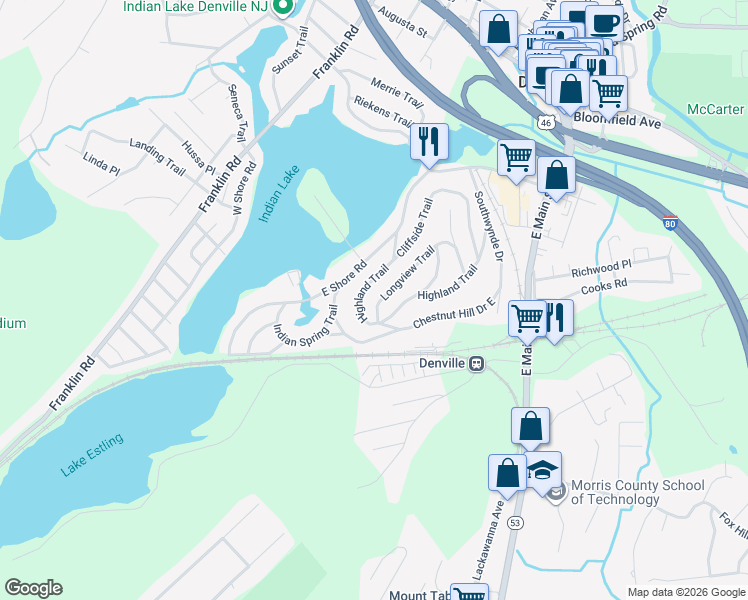 map of restaurants, bars, coffee shops, grocery stores, and more near 12 Longview Trail in Denville
