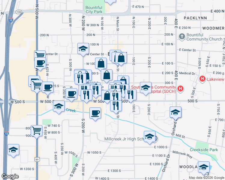 map of restaurants, bars, coffee shops, grocery stores, and more near 52 400 South in Bountiful