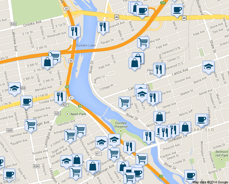 map of restaurants, bars, coffee shops, grocery stores, and more near 39 Lanza Avenue in Garfield