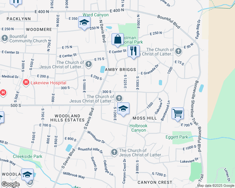 map of restaurants, bars, coffee shops, grocery stores, and more near 1206 East 300 South in Bountiful