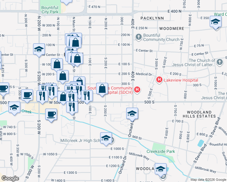 map of restaurants, bars, coffee shops, grocery stores, and more near 279 400 East in Bountiful