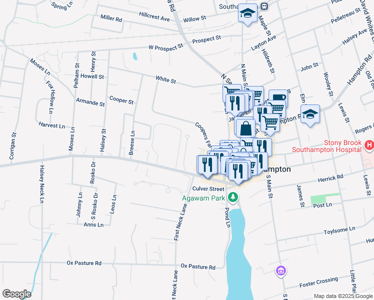 map of restaurants, bars, coffee shops, grocery stores, and more near 91 Hill Street in Southampton