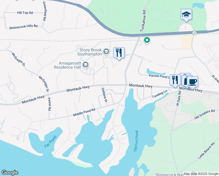 map of restaurants, bars, coffee shops, grocery stores, and more near 12 Pond Crossing in Southampton
