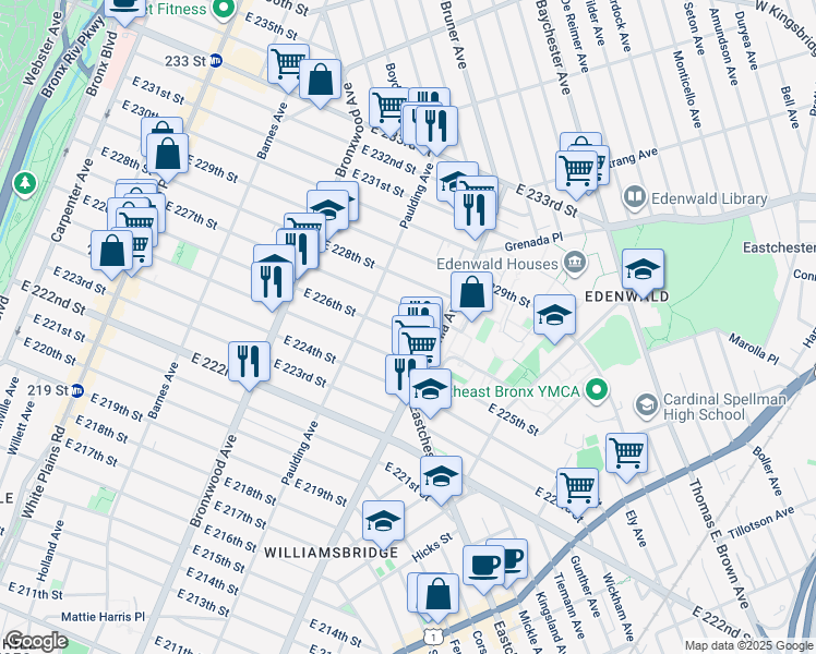 map of restaurants, bars, coffee shops, grocery stores, and more near 1051 East 226th Street in Bronx