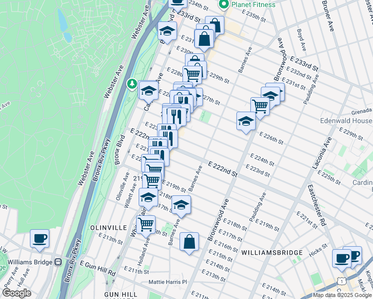 map of restaurants, bars, coffee shops, grocery stores, and more near 745 East 222nd Street in Bronx