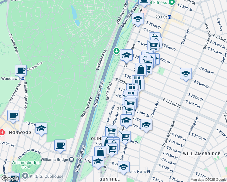 map of restaurants, bars, coffee shops, grocery stores, and more near in The Bronx