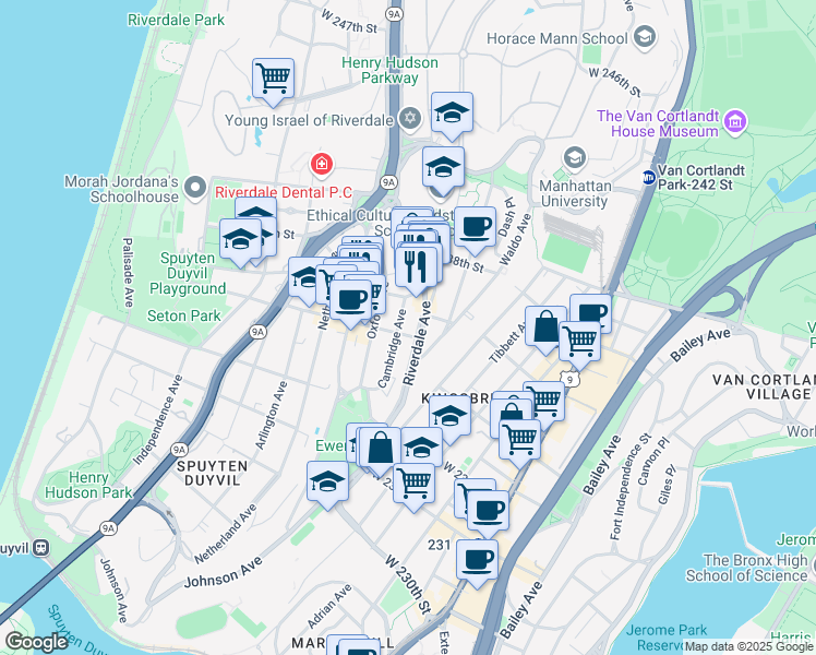 map of restaurants, bars, coffee shops, grocery stores, and more near 3501 Cambridge Avenue in Bronx