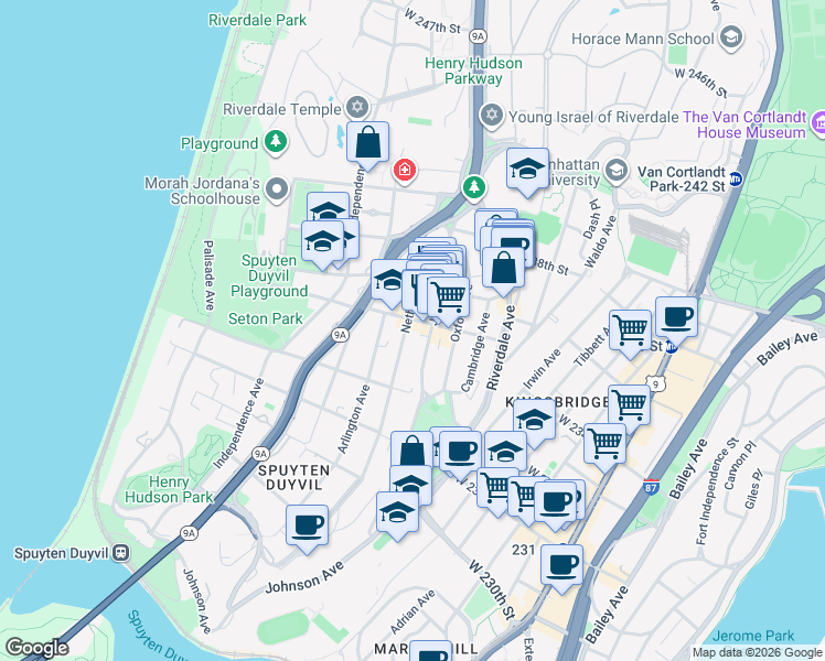 map of restaurants, bars, coffee shops, grocery stores, and more near in The Bronx
