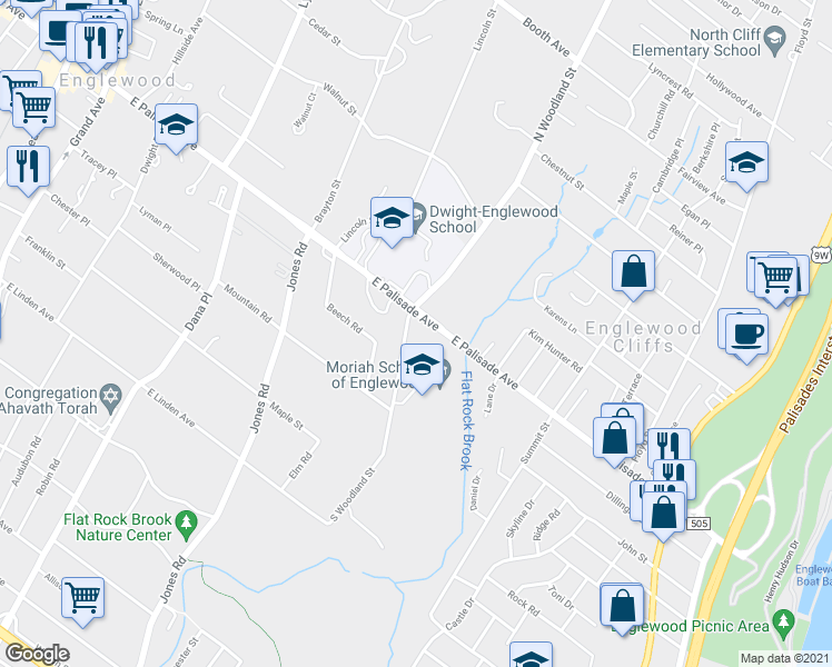 map of restaurants, bars, coffee shops, grocery stores, and more near 394 East Palisade Avenue in Englewood