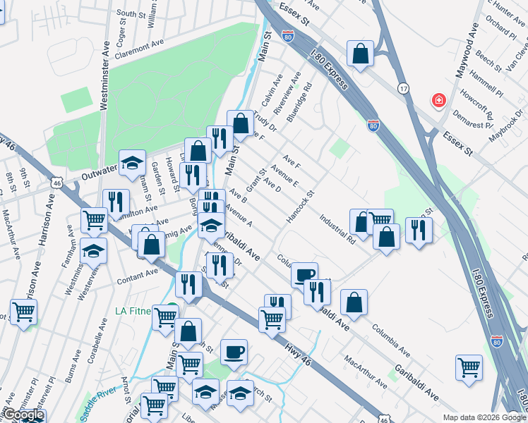map of restaurants, bars, coffee shops, grocery stores, and more near 55 Avenue B in Lodi