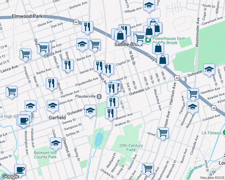 map of restaurants, bars, coffee shops, grocery stores, and more near in Saddle Brook