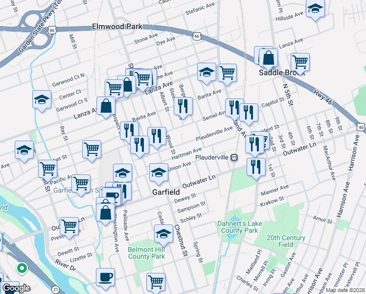map of restaurants, bars, coffee shops, grocery stores, and more near 88 Plauderville Avenue in Garfield