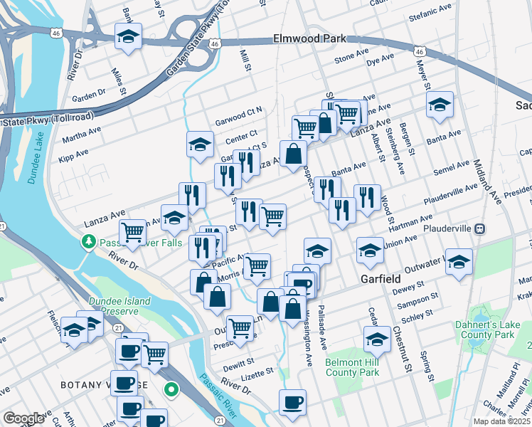 map of restaurants, bars, coffee shops, grocery stores, and more near 184 Market Street in Garfield