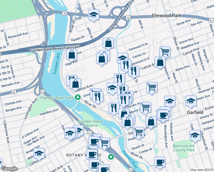 map of restaurants, bars, coffee shops, grocery stores, and more near 83 Division Avenue in Garfield