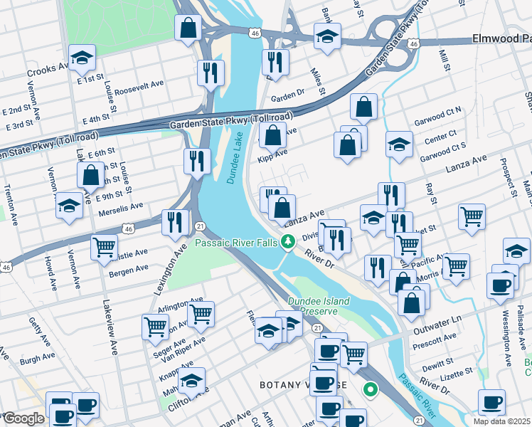 map of restaurants, bars, coffee shops, grocery stores, and more near 22 Cottage Place in Garfield