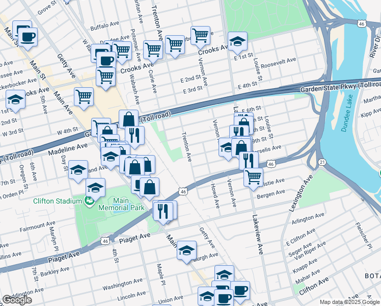 map of restaurants, bars, coffee shops, grocery stores, and more near 86 Trenton Avenue in Clifton