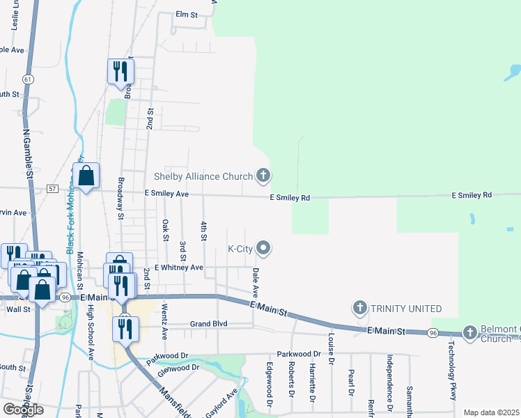 map of restaurants, bars, coffee shops, grocery stores, and more near 2529-2661 E Smiley Ave in Shelby