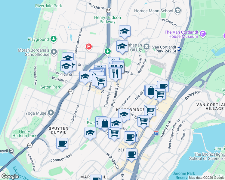 map of restaurants, bars, coffee shops, grocery stores, and more near 511 West 235th Street in Bronx