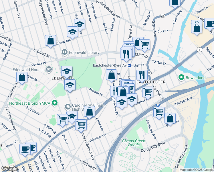 map of restaurants, bars, coffee shops, grocery stores, and more near 45 Harper Court in Bronx