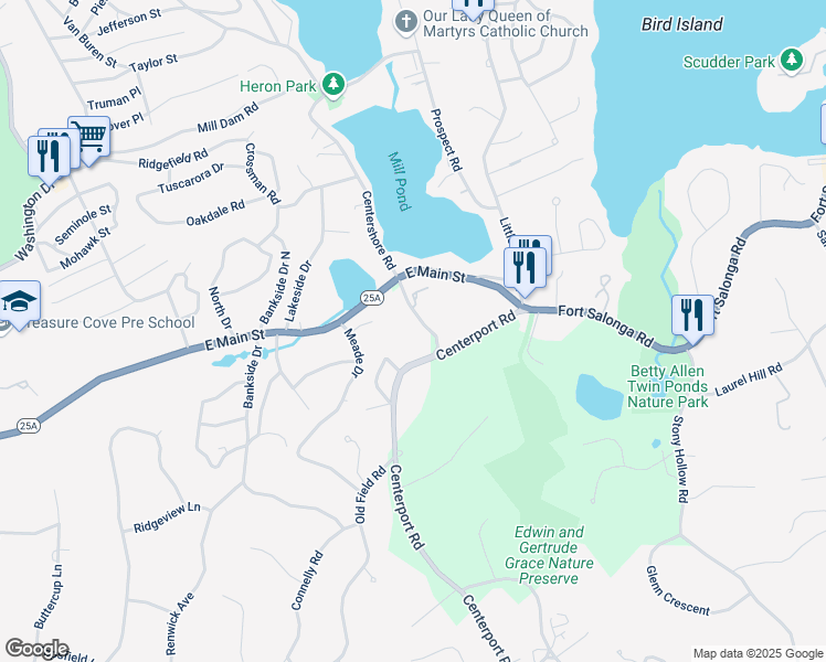 map of restaurants, bars, coffee shops, grocery stores, and more near 7 Centershore Road in Centerport