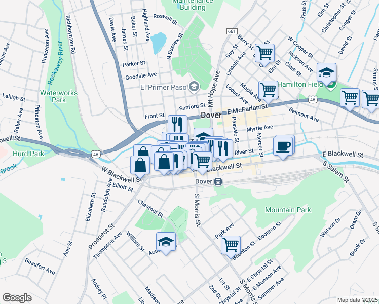 map of restaurants, bars, coffee shops, grocery stores, and more near 30 North Morris Street in Dover