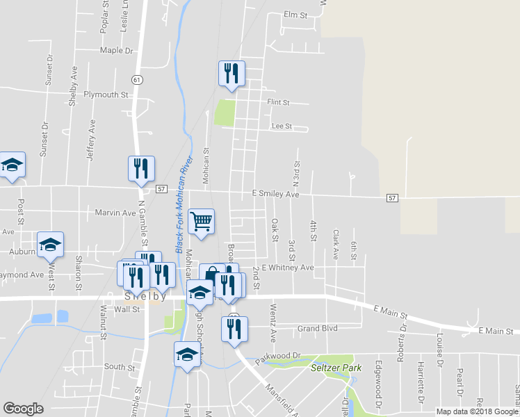 map of restaurants, bars, coffee shops, grocery stores, and more near 55 2nd Street in Shelby