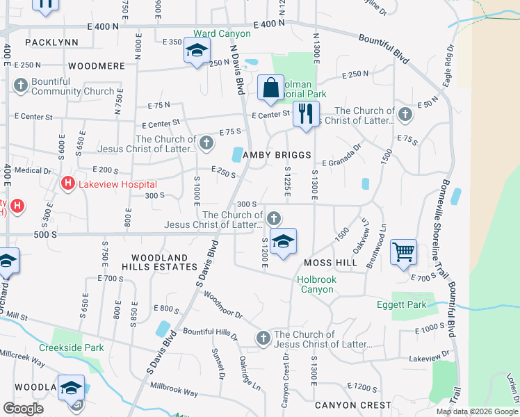 map of restaurants, bars, coffee shops, grocery stores, and more near 1184 300 South in Bountiful