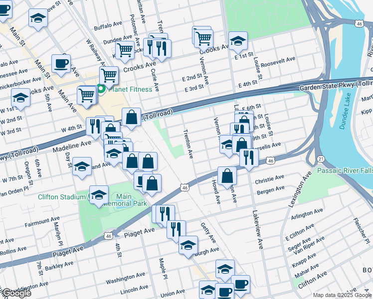 map of restaurants, bars, coffee shops, grocery stores, and more near 86 Trenton Avenue in Clifton