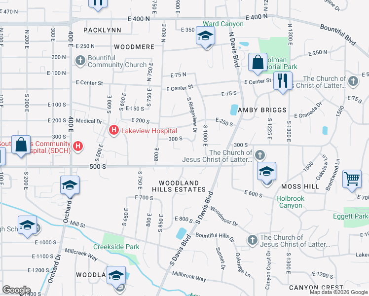 map of restaurants, bars, coffee shops, grocery stores, and more near 385 South 850 East in Bountiful