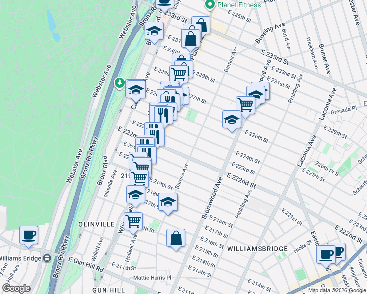 map of restaurants, bars, coffee shops, grocery stores, and more near 745 East 222nd Street in Bronx