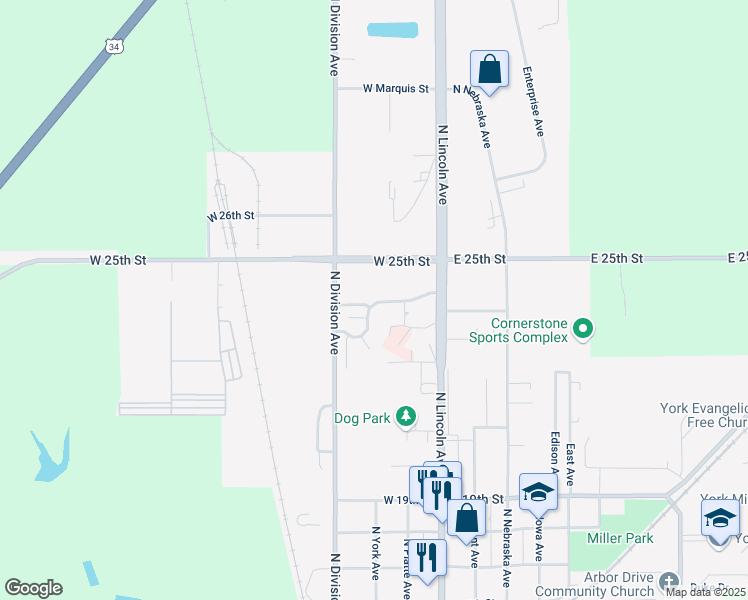 map of restaurants, bars, coffee shops, grocery stores, and more near 230 Meadow View Drive in York