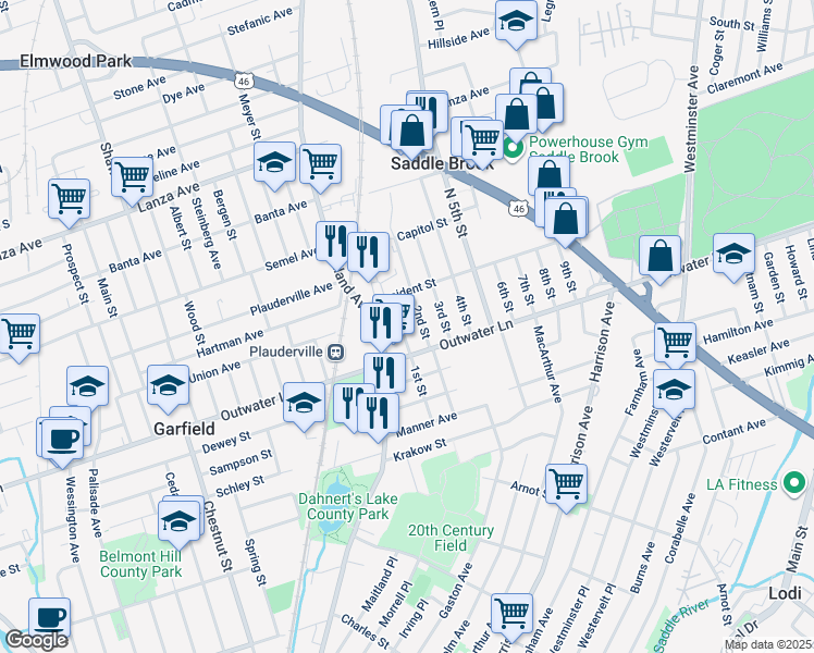 map of restaurants, bars, coffee shops, grocery stores, and more near 328 1st Street in Saddle Brook