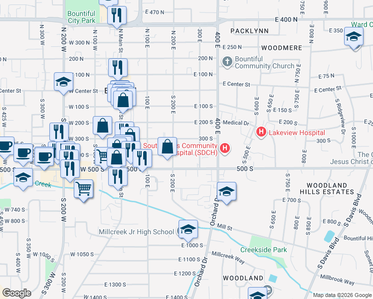 map of restaurants, bars, coffee shops, grocery stores, and more near 279 400 East in Bountiful