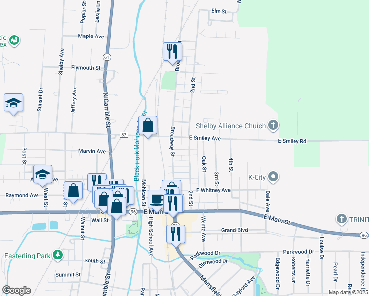 map of restaurants, bars, coffee shops, grocery stores, and more near 67 Broadway Street in Shelby