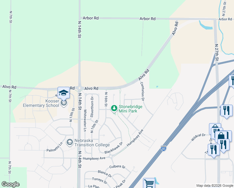 map of restaurants, bars, coffee shops, grocery stores, and more near 7436 North 17th Court in Lincoln