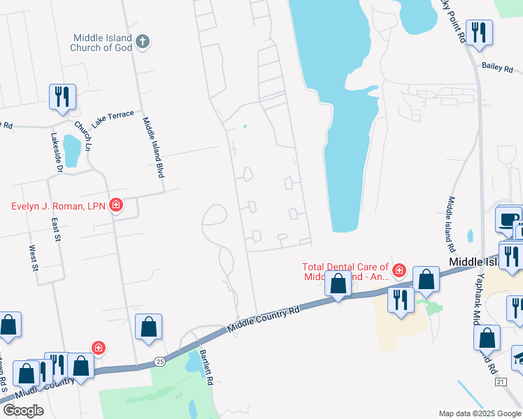 map of restaurants, bars, coffee shops, grocery stores, and more near 734 Birchwood Park Drive in Middle Island