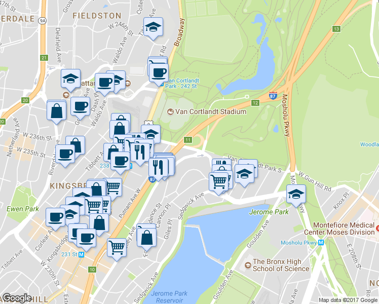 map of restaurants, bars, coffee shops, grocery stores, and more near 138 Van Cortlandt Park South in Bronx