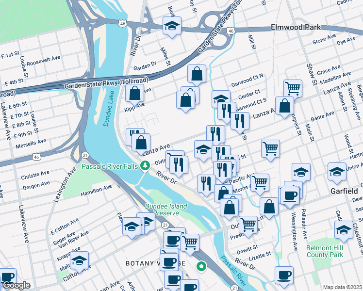 map of restaurants, bars, coffee shops, grocery stores, and more near 83 Division Avenue in Garfield