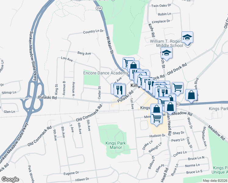 map of restaurants, bars, coffee shops, grocery stores, and more near 26 Lou Avenue in Kings Park