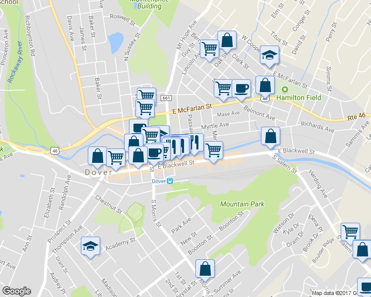 map of restaurants, bars, coffee shops, grocery stores, and more near 24 Hudson Street in Dover