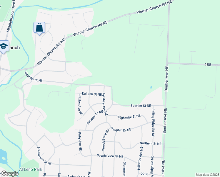 map of restaurants, bars, coffee shops, grocery stores, and more near 3556 Boettler Street Northeast in Canton