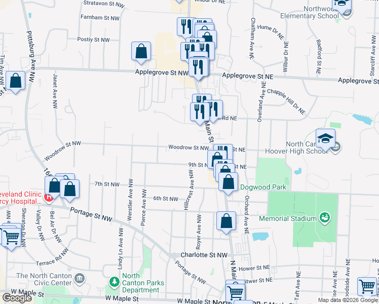 map of restaurants, bars, coffee shops, grocery stores, and more near 226 Woodrow Street Northwest in North Canton
