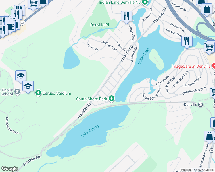 map of restaurants, bars, coffee shops, grocery stores, and more near 6 Beechwood Trail in Denville