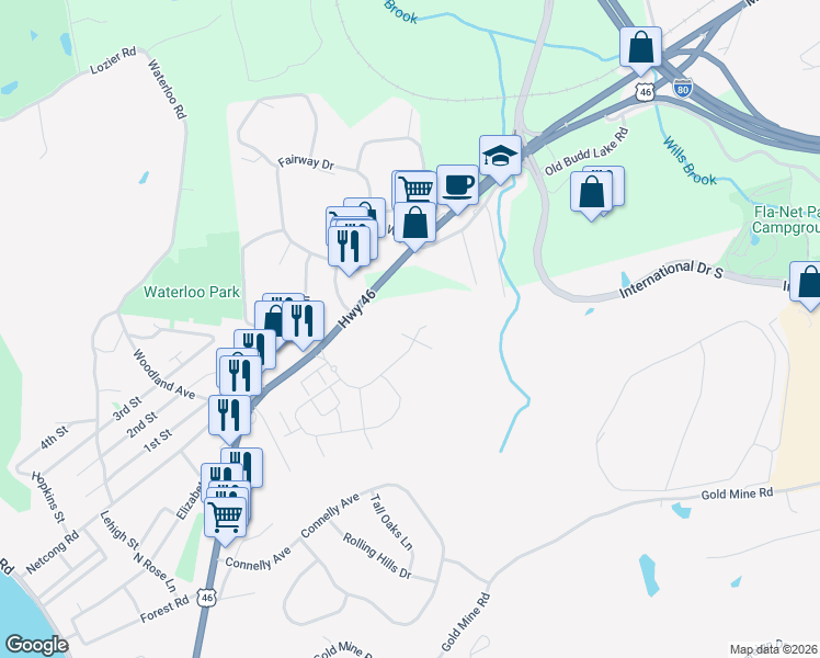 map of restaurants, bars, coffee shops, grocery stores, and more near 89 U.S. 46 in Mount Olive