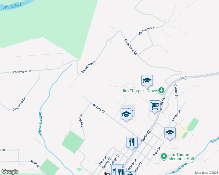 map of restaurants, bars, coffee shops, grocery stores, and more near 187 W 13th St in Jim Thorpe