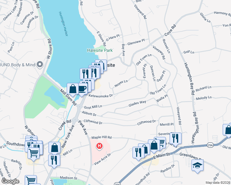 map of restaurants, bars, coffee shops, grocery stores, and more near 43 Ketewomoke Drive in Halesite