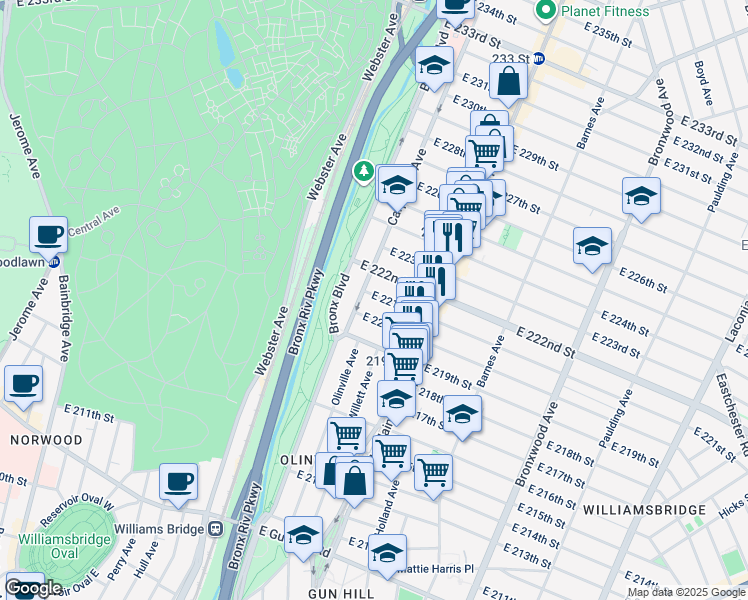 map of restaurants, bars, coffee shops, grocery stores, and more near 634 East 221st Street in Bronx