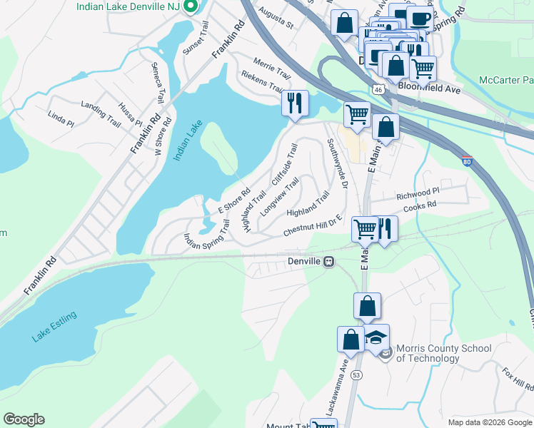 map of restaurants, bars, coffee shops, grocery stores, and more near 12 Longview Trail in Denville